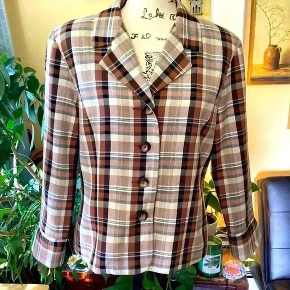 Dress barn blazer women , linen blend brown& white plaid soft blazer Size Medium - Picture 2 of 7